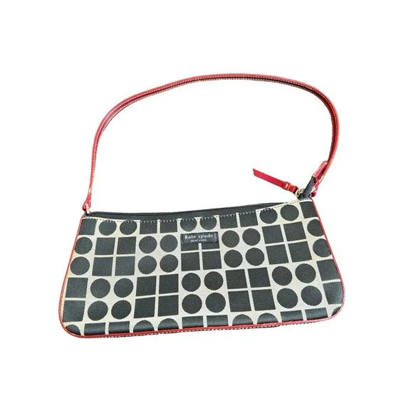 Y2K Baguette Shoulder Bag Black White Geometric Print Red Trim Mini Purse - Picture 1 of 12